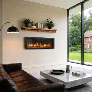 modern living room with garden view with lumo vision electric fire on wall