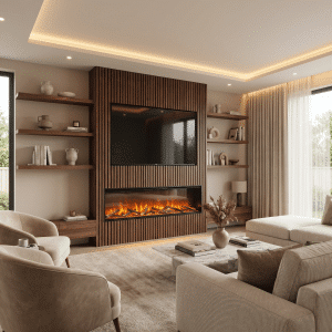 modern home with large media wall and lumo electric fire