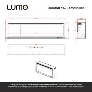 Lumo Comfort 150 V3 front and side dimension drawing in millimetres