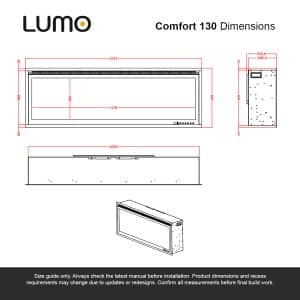 Lumo Comfort 130 V3 front and side dimension drawing in millimetres