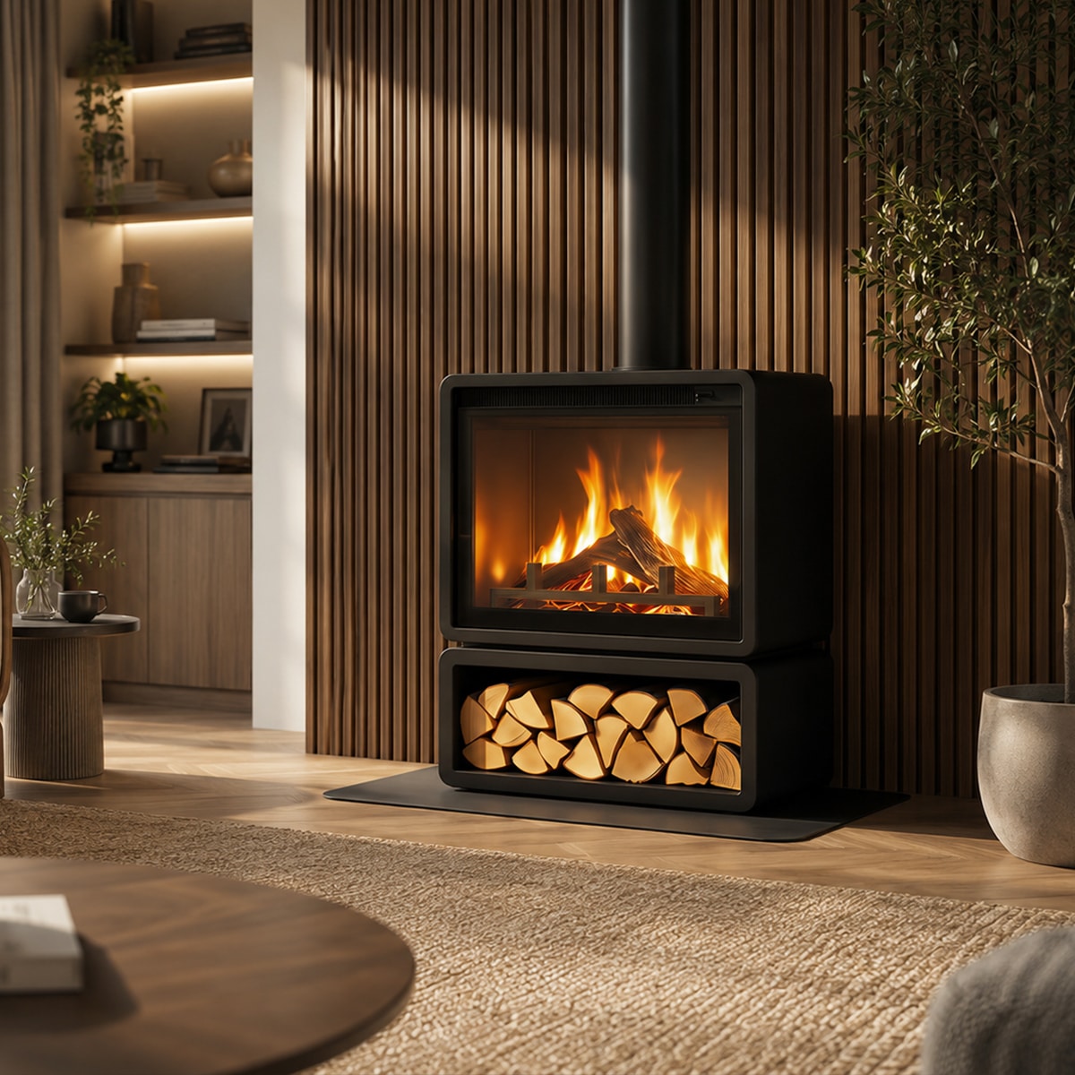 Lumo Loft electric stove with log store in a room with a wooden slatted wall